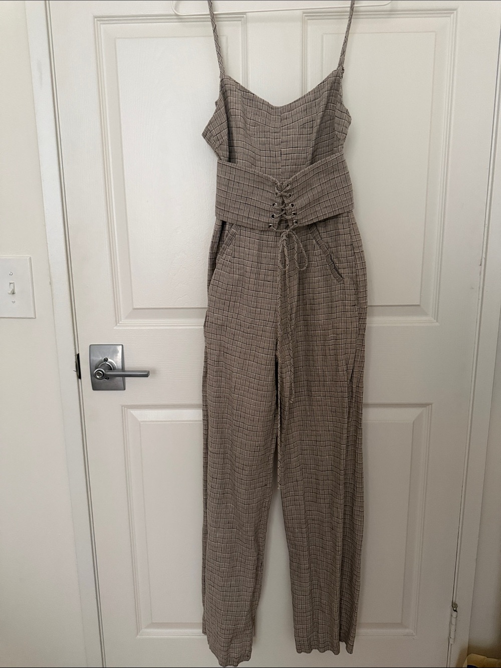 Reformation Pace Jumpsuit Plaid w/ Corset Lace-Up Waist Jumpsuit in Taupe